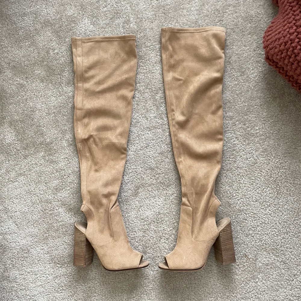 Over the knee peep toe+peep heel boots